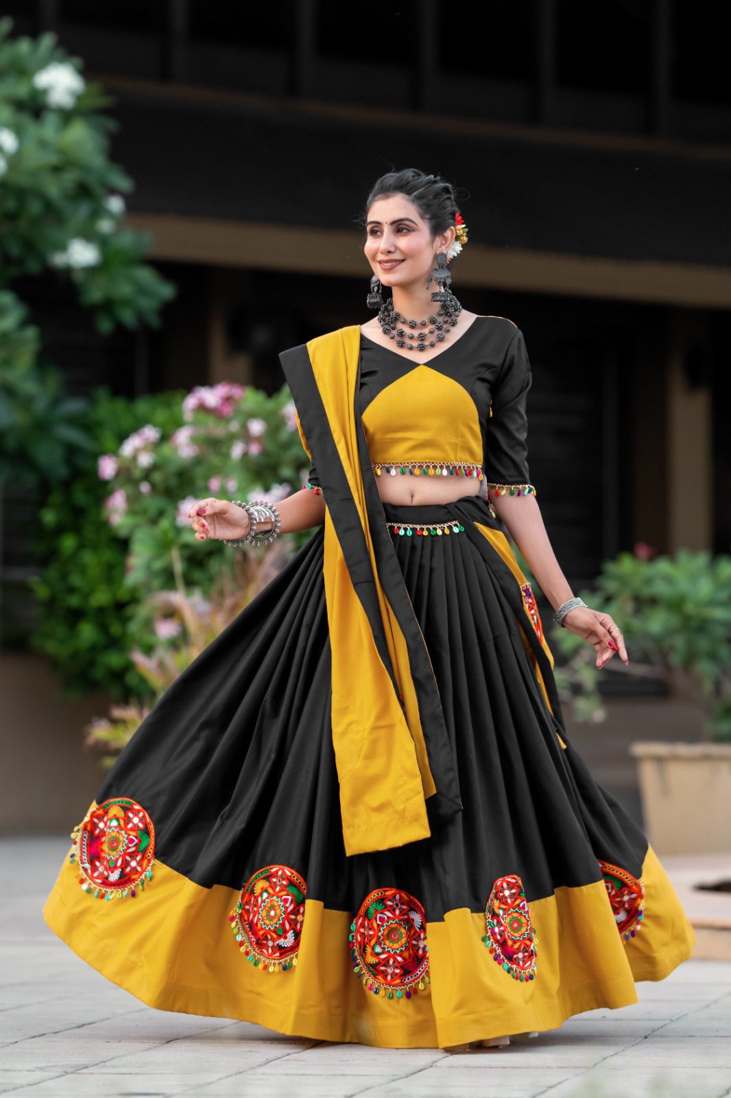 Navratri Traditional Colorful Ghagra Choli Chaniya Choli Kodi Lace And Lehenga Choli Dresses Yellow black Gamthi Work Gujarati KGM BRAND