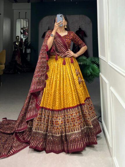 Tusser Silk Lehenga Choli with Floral Print and Foil Work for women | kgm brand