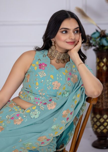 Kgm Brand Special Sky color Lehenga Choli For Women Heavy Embroidery With Multi Thread & Sequence Work