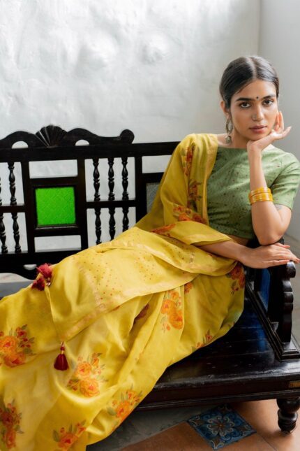 Vibrant Yellow Pure Linen Saree with Blouse Piece - Sunshine in Fabric  kgm brand