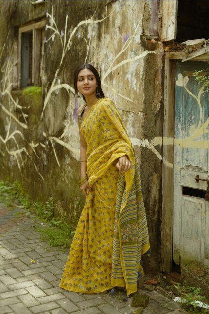 Vibrant Yellow Pure Linen Saree with Blouse Piece - Perfect for Festive Occasions | KGM BRAND