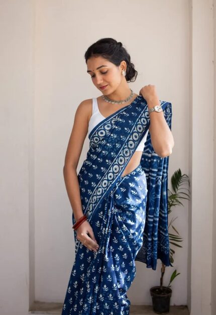 Pure  line cotton  saree for women blue and black