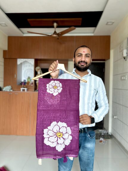 Pure Linen Cotton Batik Print Saree for Women - Handcrafted Elegance kgm brand