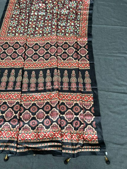 Ajrakh Saree For Women Black  Maroon Mahendi Desing kgm brand