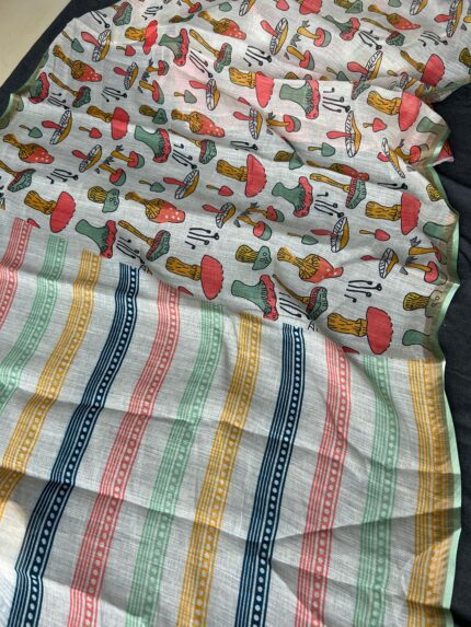 Women's Woven Striped & Mushroom Print Cotton Linen Blend Saree with Tassels (White, Multicolor)