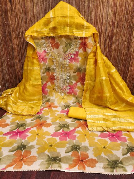 Elegant Shimmer Silk Digital Print Dress Material with Coding Work & Zakhard Dupatta