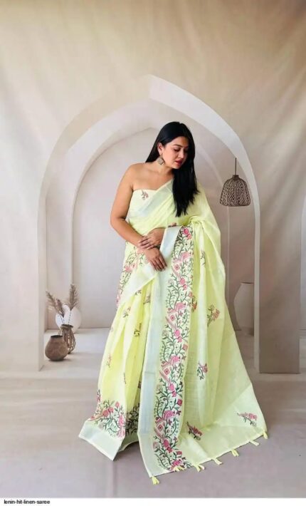 Pure Linen Chanderi Saree With Silver Zari border with beautiful latkan