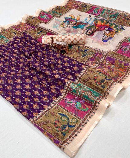 Navratri Special Linen Cotton Saree with Traditional Dance Prints Kgm Brand