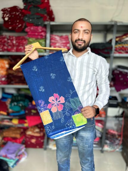 blue cotton linen saree