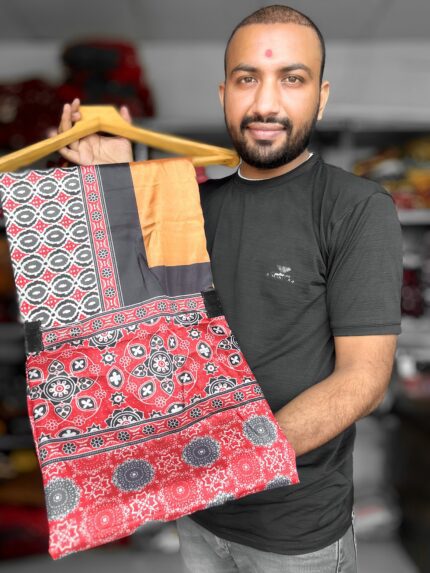 Ajrakh Saree For Women Black Red  Rust  Desing kgm brand