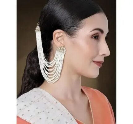 KGM Brand White Pearl Beaded Earring with Hair Chain | Side Jhumar