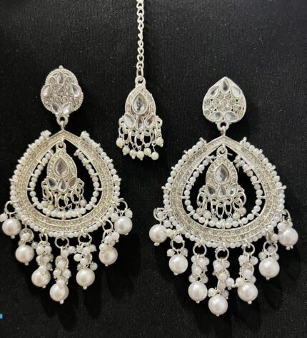 Heavy German Silver Jhumka and Tikka Set with Pearl Drops | KGM Brand