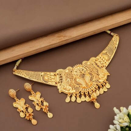 Gold Plated Peacock Design Choker Necklace and Earring Set kgm brand