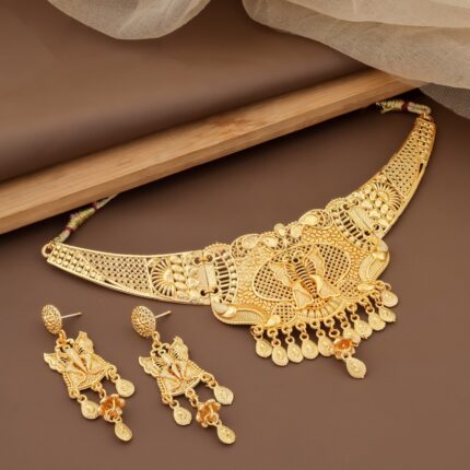 Grand Bridal Gold Plated Choker Set with Matching Earrings kgm brand