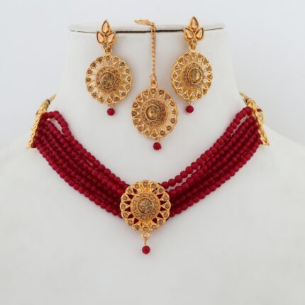 Traditional Gold Plated Beaded Choker Necklace Set with Maang Tikka - KGM Brand