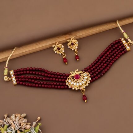 Elegant Maroon Beaded Choker Necklace Set with Peacock Design - KGM Brand