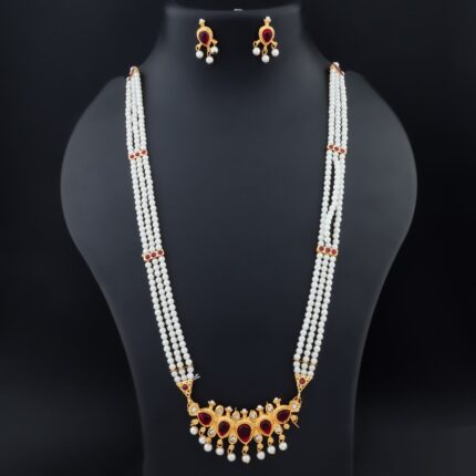 Elegant Multi-layered Pearl and Ruby Stone Haram Necklace Set - KGM Brand