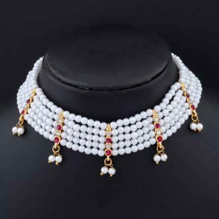 Elegant White Pearl Choker Necklace with Ruby-like Stone Drops - KGM Brand