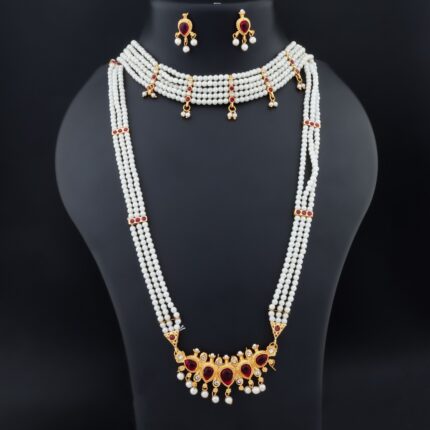 Bridal Long & Short Pearl Necklace Set with Ruby Stones - KGM Brand