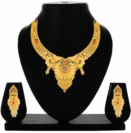 Traditional Gold Plated Long Necklace Set with Jhumka Earrings - KGM Brand