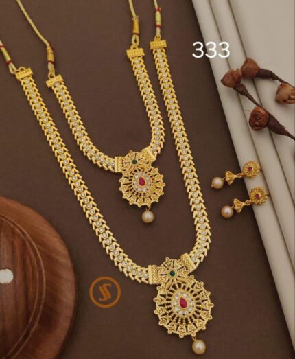 Gold Plated Double Layered Haram Necklace Set with Intricate Floral Pendants kgm brand