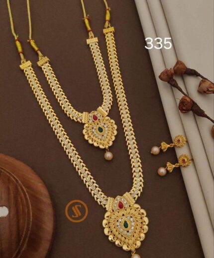 South Indian Style Gold Plated Double Layered Haram Necklace Set with Circular Pendants kgm brand