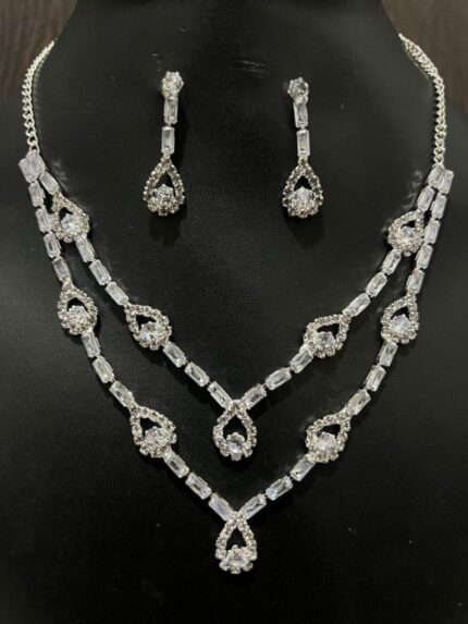 Silver-Toned Cubic Zirconia Double-Layered Necklace & Earring Set kgm brand