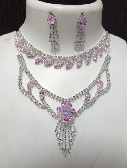 Multi-Layered Rhinestone Necklace Set with Floral Pendant | Dangle Earrings kgm brand