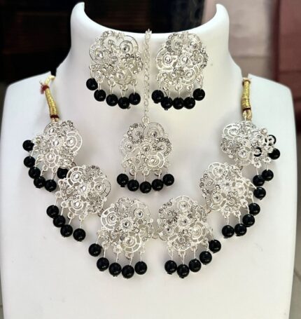 Traditional Oxidised Floral Necklace Set with Maang Tikka kgm brand