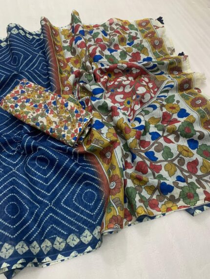 Linen Cotton Bandhani Saree with Kalamkari Pallu - Handcrafted Elegance for Women | KGMbrand.in