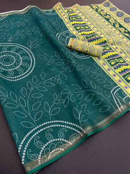 Linen Cotton Bandhani Saree for Women | Yellow & Orange Tie-Dye Saree - KGMBRAND