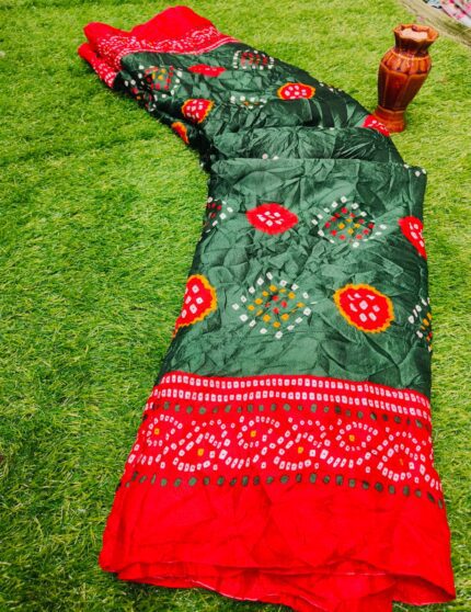 KGM Brand Women's Pure Silk Bandhani Saree with Jaipuri Art Border & Elephants