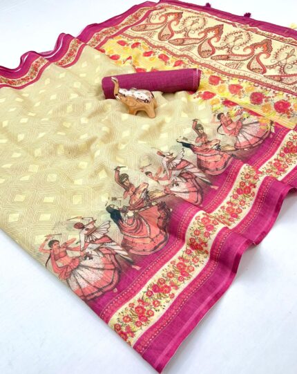Navratri Special Linen Cotton Saree with Traditional Dance Prints Kgm Brand