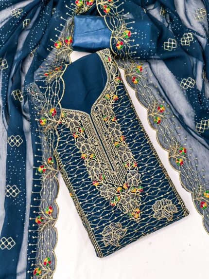 Unstitched Women's Georgette Salwar Suit Dress Material with Heavy Embroidery & Diamond Work kgm brand
