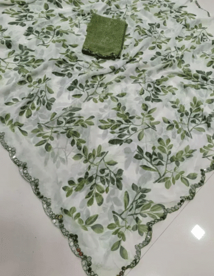 Heavy Reniar Silk Printed Saree with Glass Work with blouse kgm brand
