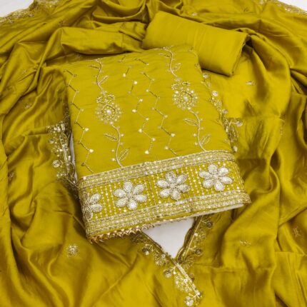 Women's Roman Silk Unstitched Salwar Suit Dress Material with Hand Work, Heavy Santoon Bottom, and Chanderi Dupatta kgm brand