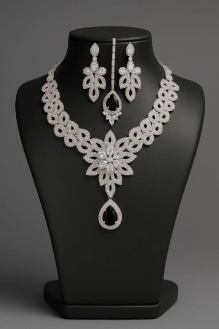 KGM Brand Statement Necklace & Earring Set with AD Stones and Pear-Shaped Crystal Drop