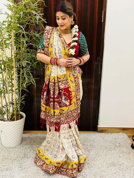 Traditional White and Red Yellow  Gharchola Panetar Saree Heavy Silk Saree with Heavy Embroidery and Diamond Work kgm brand