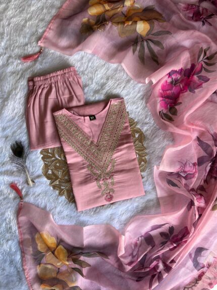 Embroidered Roman Silk Kurti, Pant, and Chanderi Digital Print Dupatta Set (Light Peach) kgm brand