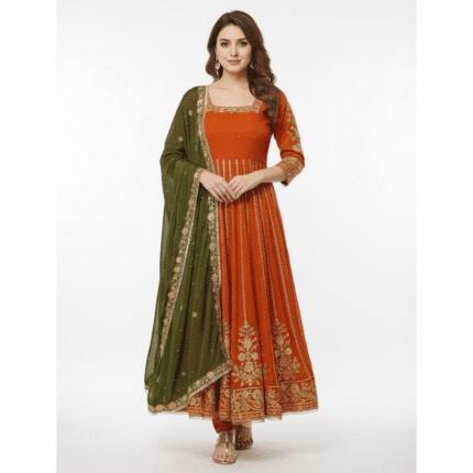 Kgm Brand Rust Orange Fandy Satin Embroidered Anarkali Gown with Olive Green Dupatta