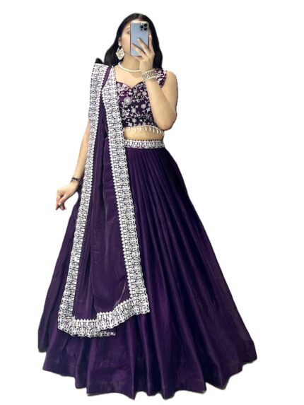 Kgm Brand Fendy Satin Purple Lehenga Choli with Heavy Embroidered Blouse & Arca Lace Dupatta