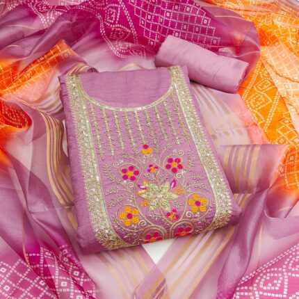 KGM BRAND Women's Unstitched Vichitra Silk Salwar Suit Material | Heavy Codding & Beat Work | Digital Print Organza Jacquard Dupatta