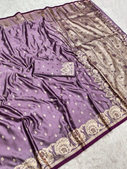 Premium Satin Silk Saree with Intricate Zari Paisley Pallu and Gold Butta Kgm Brand