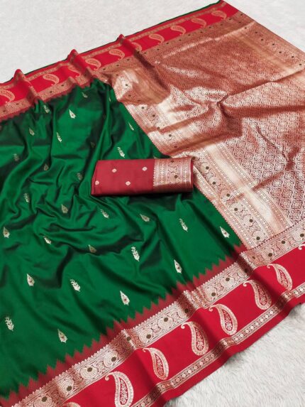 Traditional Soft Banarasi Silk Saree - Gold Zari Butti & Meenakari Pallu With Blouse Piese Kgm Brand