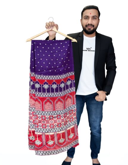 Soft Silk Saree with Traditional Ajrakh Print Pallu and Bandhani saree for women kgm brand