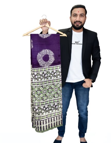 Soft Silk Bandhani Saree with Ajrakh Hand-Block Printed Pallu kgm brand
