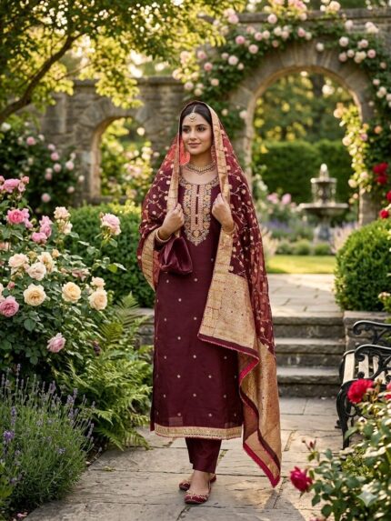 Festive Roman Silk Dress Material - Embroidered Neckline and Banarasi Dupatta kgm brand