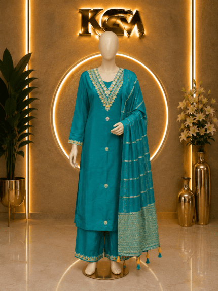 Womens Traditional Roman Silk with Beautiful Embroidery Work Dress Pair Kgm Brand