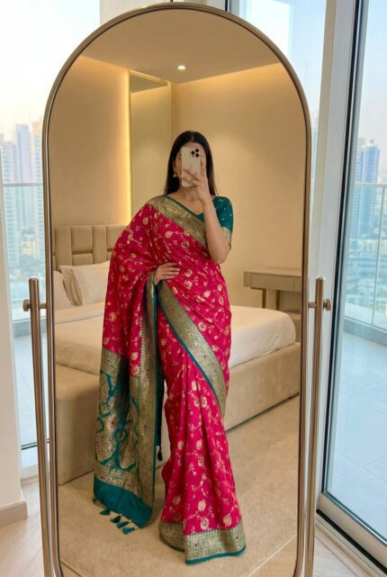 Soft Banarasi silk saree Meenakari weawing contrast border & Tesseks attached at Pallu With Bloue Piece Kgm Brand