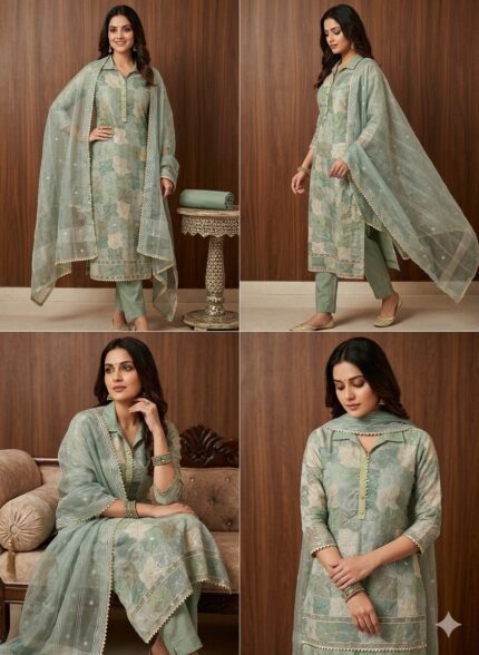 Digital Printed Organza Silk Suit with Crochet Work Dupatta & Santoon Bottom kgm brand